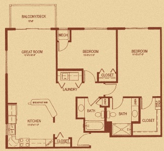 Floor plan for 2 beds, 2 baths, 1122 sqft